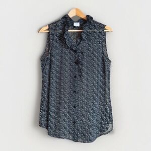 CAbi Sing Along Sleeveless Blouse Womens Size Small Ruffle Black Button Up #5913